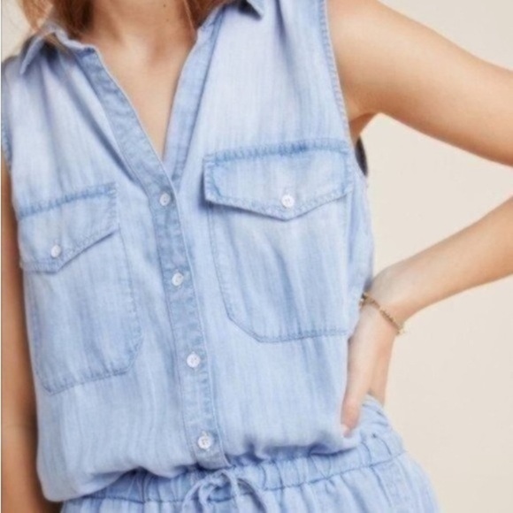 Cloth and Stone Chambray Utility Romper XS Sleeveless Tie Waist vacation coastal - Picture 3 of 16